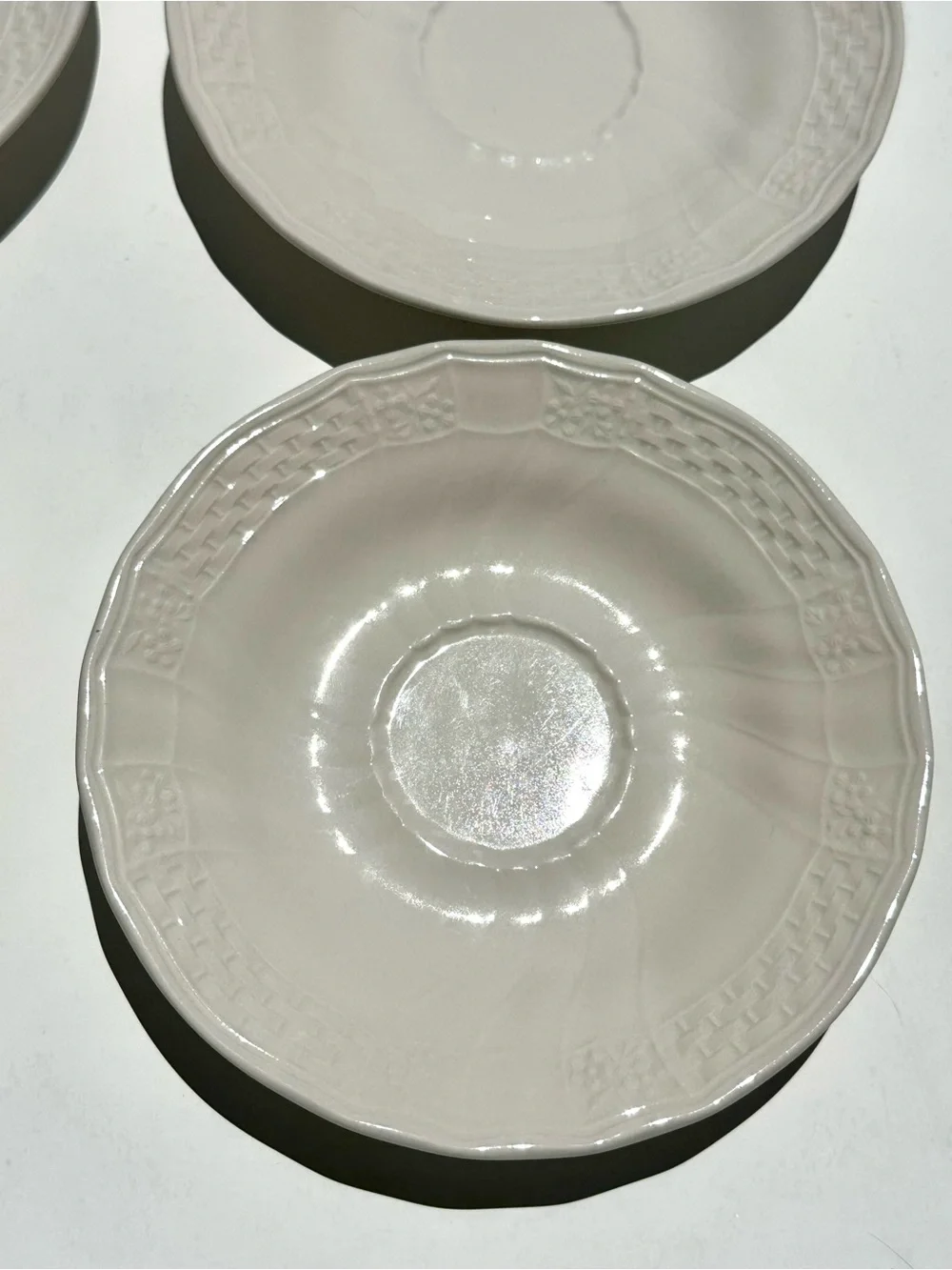 4 Mikasa Renaissance White Embossed Porcelain Saucers 6.5” - Classic Home Dining